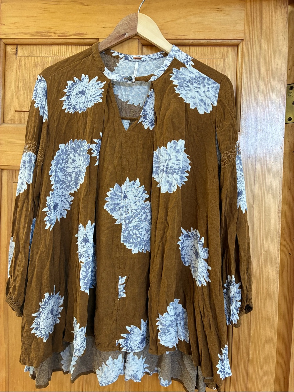 Free People Brown Tunic Top with White Floral Print
